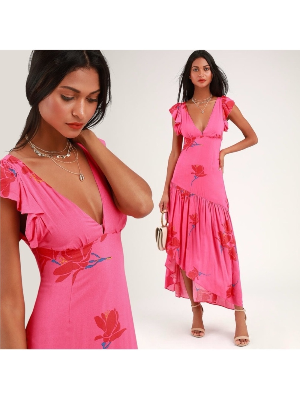Free People Hot Pink Floral V-Neck High-Low Maxi Dress